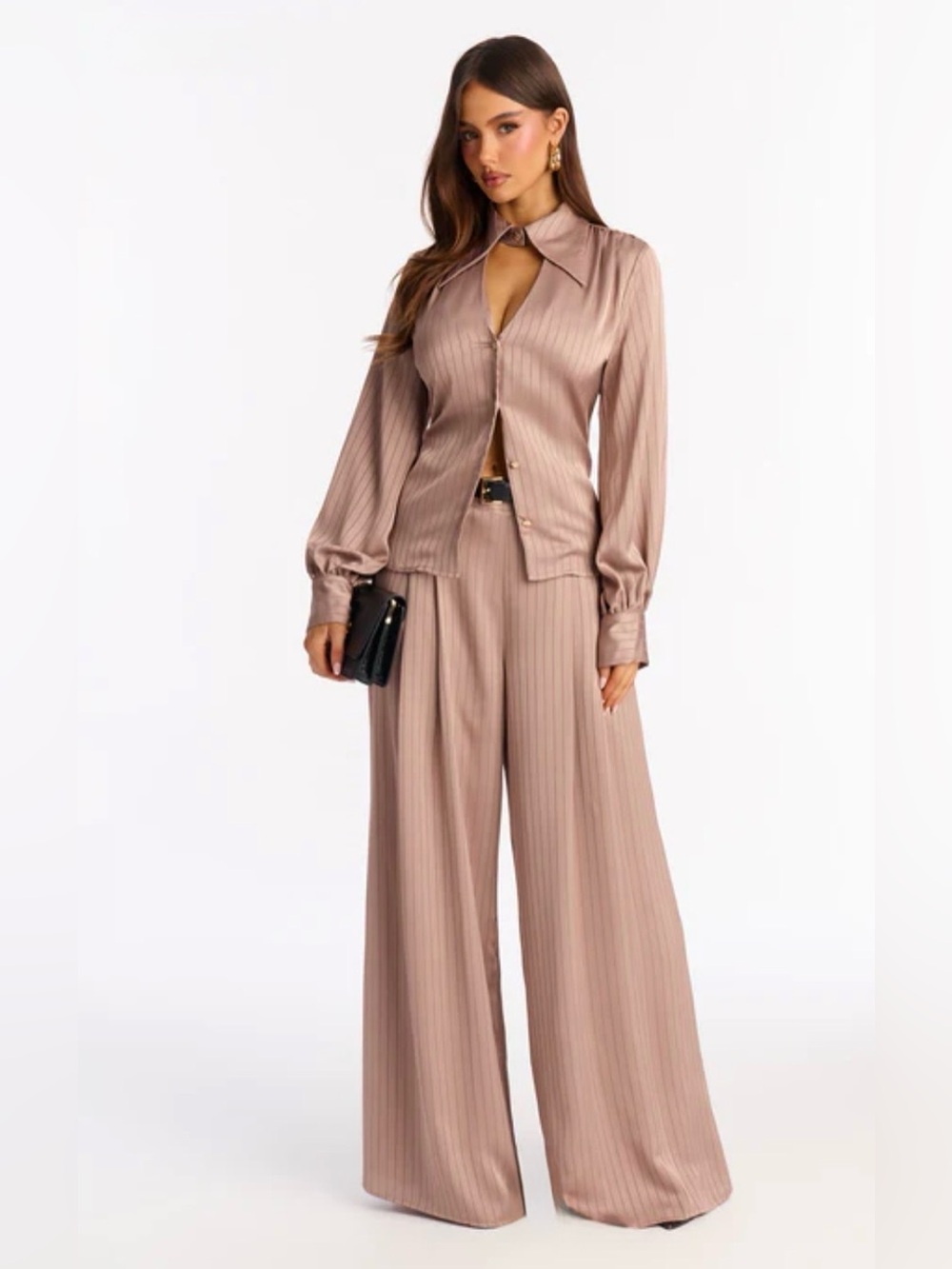Pinstripe Wide-Leg Coord Set in Dusty Taupe with belt